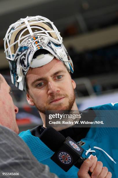 Martin Jones of the San Jose Sharks speaks with media after defeating the Vegas Golden Knights in Game Four of the Western Conference Second Round...