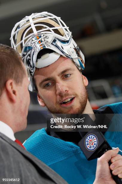 Martin Jones of the San Jose Sharks speaks with media after defeating the Vegas Golden Knights in Game Four of the Western Conference Second Round...