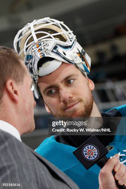 Martin Jones of the San Jose Sharks speaks with media after defeating the Vegas Golden Knights in Game Four of the Western Conference Second Round...