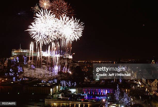 New Year revellers enjoy the firework display above Edinburgh Castle on January 1, 2010 in Edinburgh, Scotland. It is expected that around eighty...