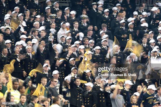 Navy Shipmen celebrate after the Texas Bowl at Reliant Stadium on December 31, 2009 in Houston, Texas. The Navy Shipmen beat the Missouri Tigers 35...