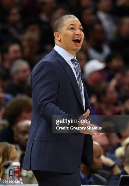 Head coach Tyronn Lue of the Cleveland Cavaliers looks on from the sidelines while playpen the Toronto Raptors in Game Three of the Eastern...