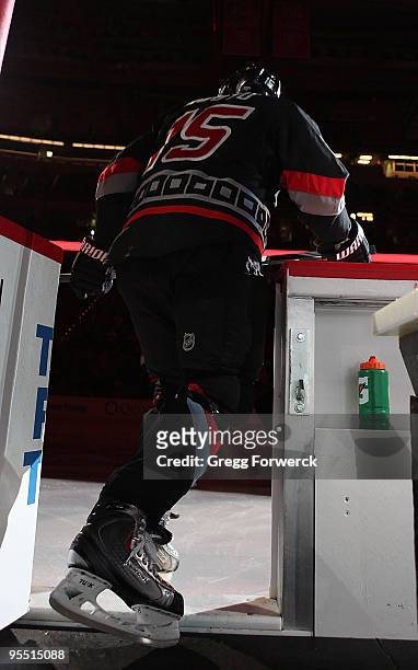 Tuomo Ruutu of the Carolina Hurricanes takes the ice prior to an NHL game against the New York Rangers on December 31, 2009 at RBC Center in Raleigh,...