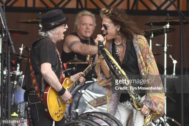 Brad Whitford, Joey Kramer, and Steven Tyler of Aerosmith perform during the 2018 New Orleans Jazz & Heritage Festival at Fair Grounds Race Course on...