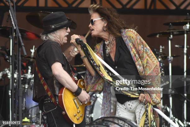 Brad Whitford and Steven Tyler of Aerosmith perform during the 2018 New Orleans Jazz & Heritage Festival at Fair Grounds Race Course on May 5, 2018...