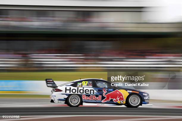 Shane Van Gisbergen drives the Red Bull Holden Racing Team Holden Commodore ZB during qualifying for race 12 for the Supercars Perth SuperSprint at...