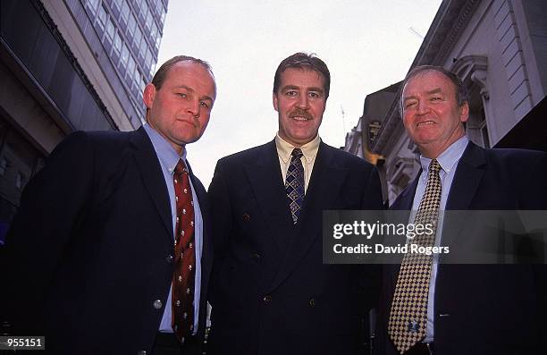 Portrait of British Lions assistant coach Andy Robinson , tour manager Donal Lenihan , and head coach Graham Henry during the press conference to...