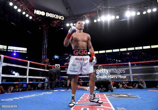 Gennady Golovkin reacts after a second round knockout of Vanes Martirosyan during the WBC-WBA Middleweight Championship at StubHub Center on May 5,...