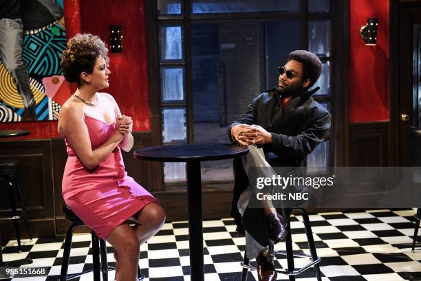 Donald Glover" Episode 1744 -- Pictured: Cecily Strong as Ann Saunders, Donald Glover as Razz P. Berry Jr. During '80s Music Video' in Studio 8H on...