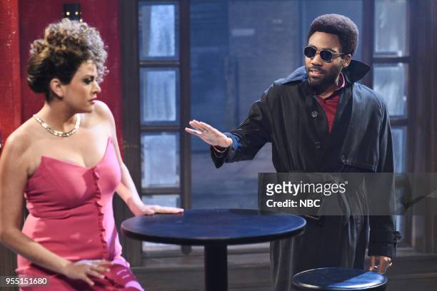 Donald Glover" Episode 1744 -- Pictured: Cecily Strong as Ann Saunders, Donald Glover as Razz P. Berry Jr. During '80s Music Video' in Studio 8H on...