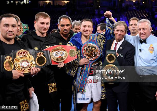 Gennady Golovkin poses with his belts after a second round knockout win over Vanes Martirosyan during the WBC-WBA Middleweight Championship at...
