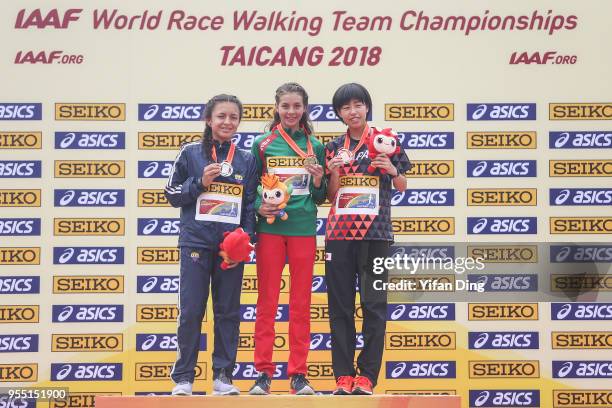 Glena Morejon of Ecuador, Alegna Gonzalez of Mexico and Nanako Fujii of Japan pose for photo during medal ceremony of Men's 20 kilometres Race Walk...