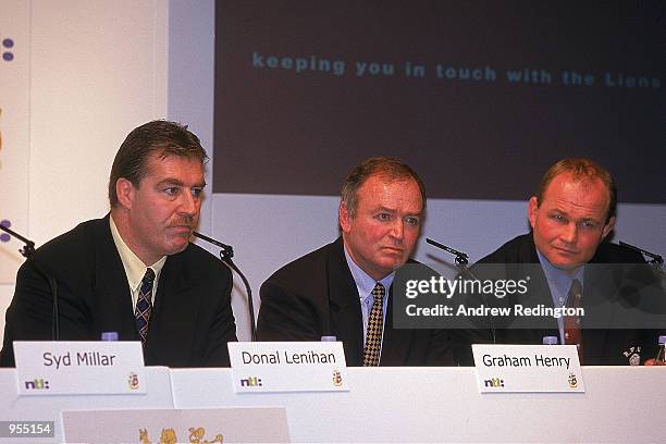 British Lions tour manager Donal Lenihan, head coach Graham Henry, assistant coach Andy Robinson talk to the press during the press conference to...