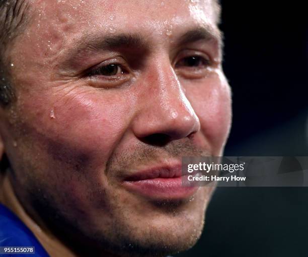 Gennady Golovkin smiles after a second round knockout win over Vanes Martirosyan during the WBC-WBA Middleweight Championship at StubHub Center on...