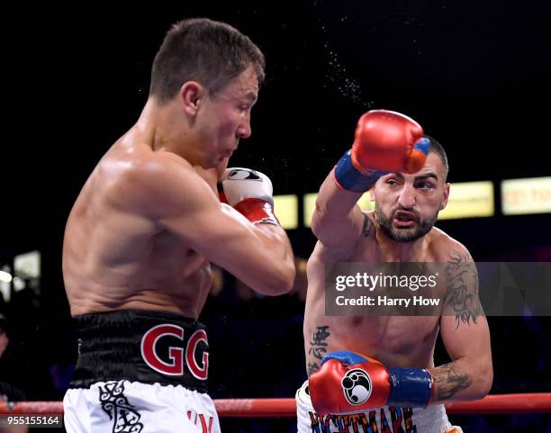 Vanes Martirosyan punches Gennady Golovkin losing in a second round knockout during the WBC-WBA Middleweight Championship at StubHub Center on May 5,...