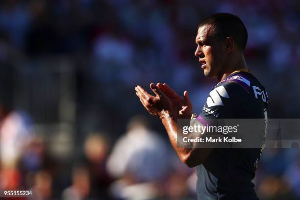 Will Chambers of the Storm watches on during the round nine NRL match between the St George Illawarra Dragons and the Melbourne Storm at UOW Jubilee...