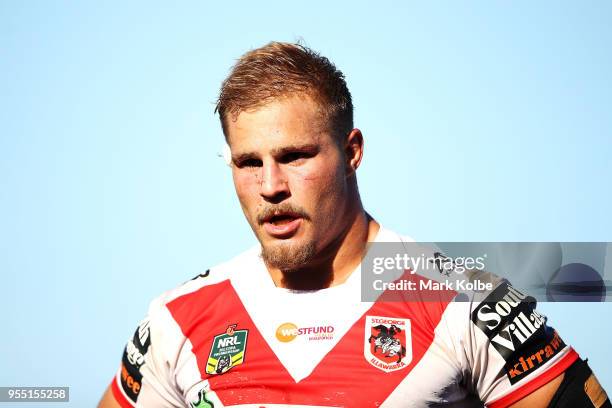 Jack De Belin of the Dragons watches on as he leaves the field during the round nine NRL match between the St George Illawarra Dragons and the...