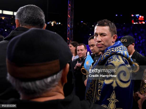 Gennady Golovkin winks to the crowd before his fight against Vanes Martirosyan in the WBC-WBA Middleweight Championship at StubHub Center on May 5,...