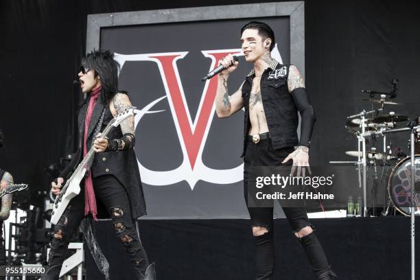 Bassist Ashley Purdy and singer Andy Biersack of Black Veil Brides perform at Charlotte Motor Speedway on May 5, 2018 in Charlotte, North Carolina.