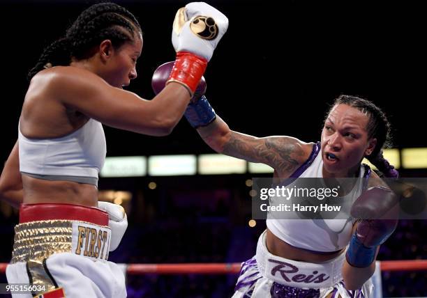 Kali Reis punches Cecilia Braekhus of Norway losing in a unanimous decision in the World Welterweight Championship at StubHub Center on May 5, 2018...