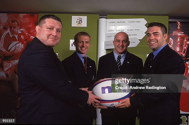 Dai Young of Wales, Matt Dawson of England, Keith Wood of Ireland, and Budge Pountney of Scotland during the press conference to announce the British...