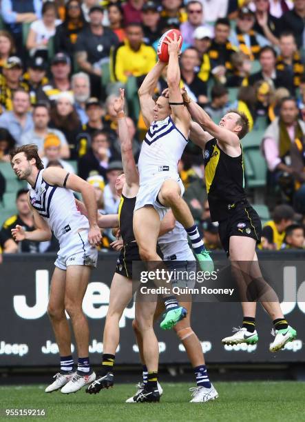Nat Fyfe of the Dockers marks during the round seven AFL match between the Richmond Tigers and the Fremantle Dockers at Melbourne Cricket Ground on...