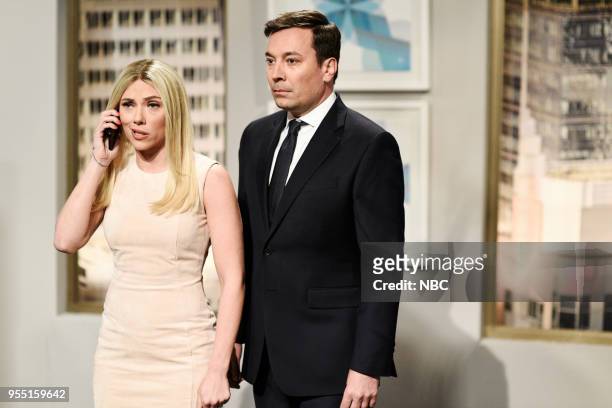 Donald Glover" Episode 1744 -- Pictured: Scarlett Johansson as Ivanka Trump, Jimmy Fallon as Jared Kushner during 'Michael Cohen Wiretap Cold Open'...