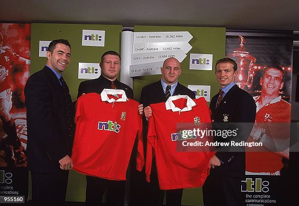 Budge Pountney of Scotland, Dai Young of Wales, Keith Wood of Ireland, and Matt Dawson of England during the press conference to announce the British...