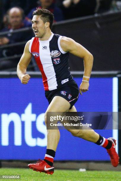 Jade Gresham of the Saints celebrates a goal during the round seven AFL match between St Kilda Saints and the Melbourne Demons at Etihad Stadium on...