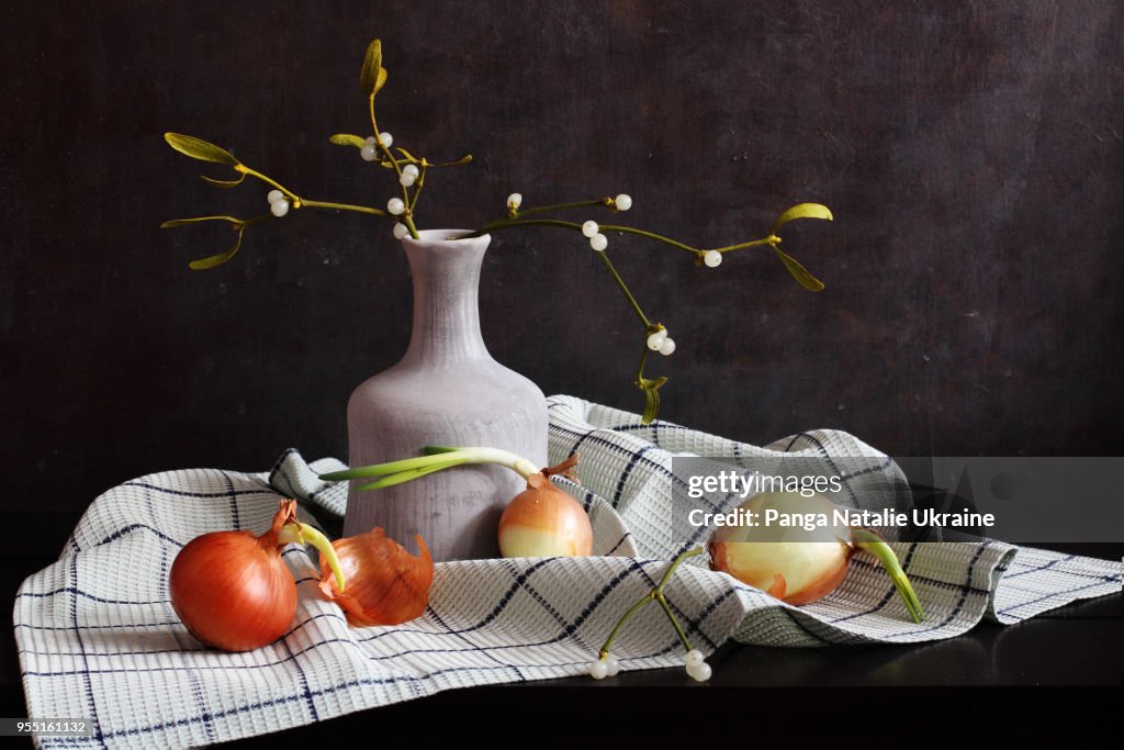 Sprouted Onions, Mistletoe Berries And White Ceramics