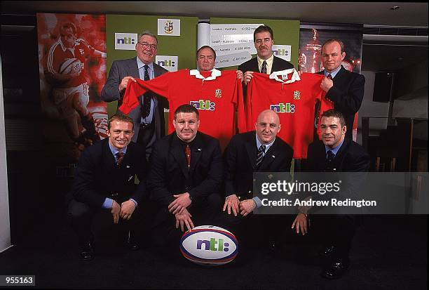 The British Lions team line-up during the press conference to announce the British Lions 2001 sponsorship with NTL held at Home Nightclub, in...