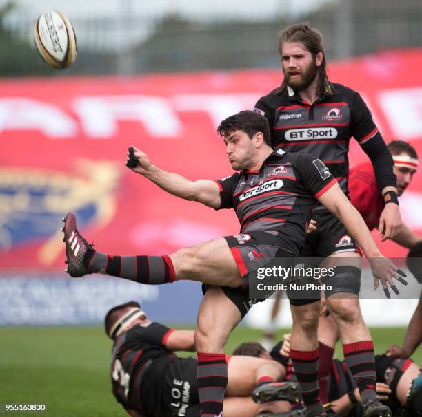 Sam Hidalgo-Clyne of Edinburgh kicks the ball during the Guinness PRO14 Semi-Final Qualifier match between Munster Rugby and Edinburgh Rugby at...