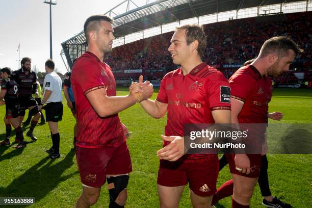 Conor Murray and James Hart of Munster celebrate during the Guinness PRO14 Semi-Final Qualifier match between Munster Rugby and Edinburgh Rugby at...