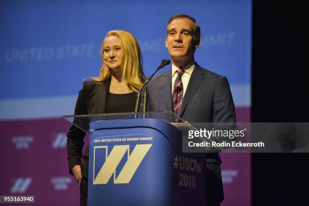 Mayor of Los Angeles Eric Garcetti and Amy Wakeland speak on stage at The United State of Women Summit 2018 - Day 1 on May 5, 2018 in Los Angeles,...