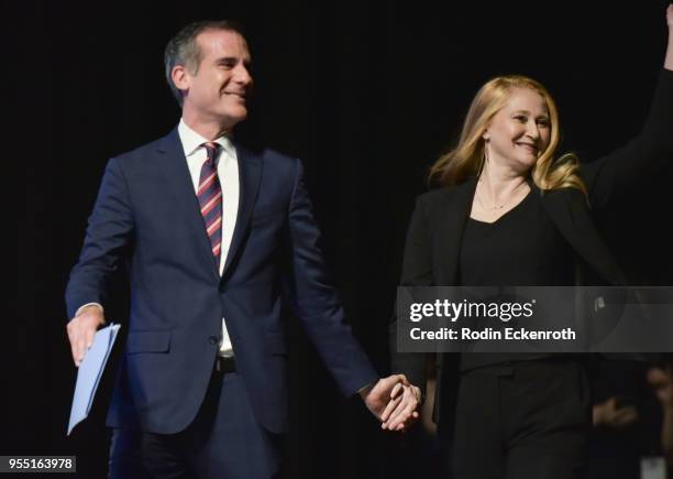 Mayor of Los Angeles Eric Garcetti and Amy Wakeland speak on stage at The United State of Women Summit 2018 - Day 1 on May 5, 2018 in Los Angeles,...