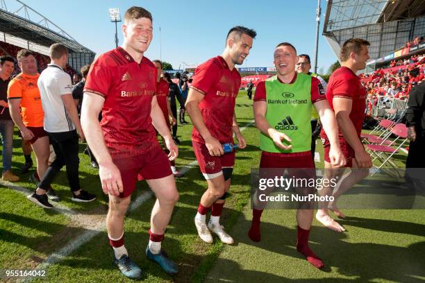 Jack O'Donoghue, Conor Murray and Anderew Conway of Munster celebrate during the Guinness PRO14 Semi-Final Qualifier match between Munster Rugby and...