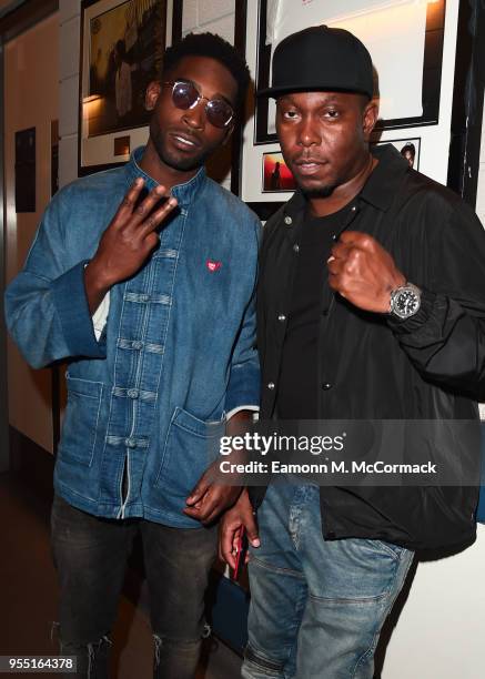 Tinie Tempah and Dizzee Rascal backstage following the David Haye v Tony Bellew Fight at The O2 Arena on May 5, 2018 in London, England.