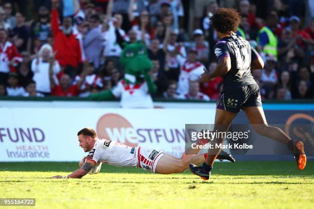 Euan Aitken of the Dragons scores a try during the round nine NRL match between the St George Illawarra Dragons and the Melbourne Storm at UOW...