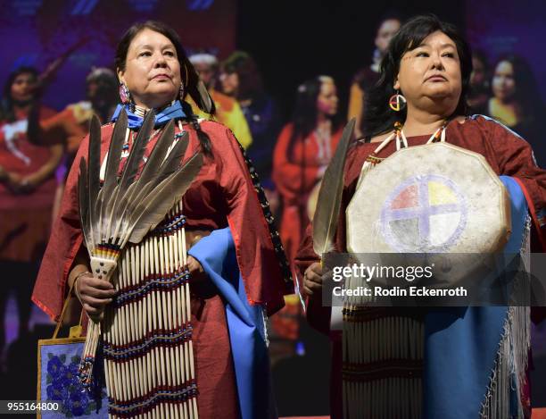 Tongva and Indigenous Women perform on stage at The United State of Women Summit 2018 - Day 1 on May 5, 2018 in Los Angeles, California.