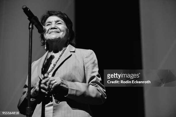 Editor's Note: This photo has been edited to black and white, a color version is available.] Dolores Huerta speaks on stage at The United State of...