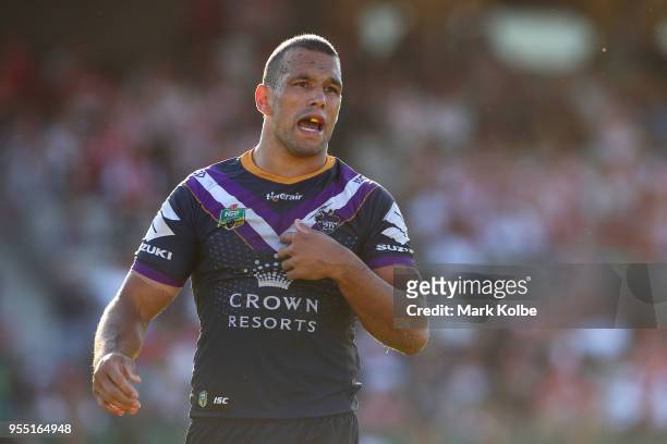 Will Chambers of the Storm watches on during the round nine NRL match between the St George Illawarra Dragons and the Melbourne Storm at UOW Jubilee...