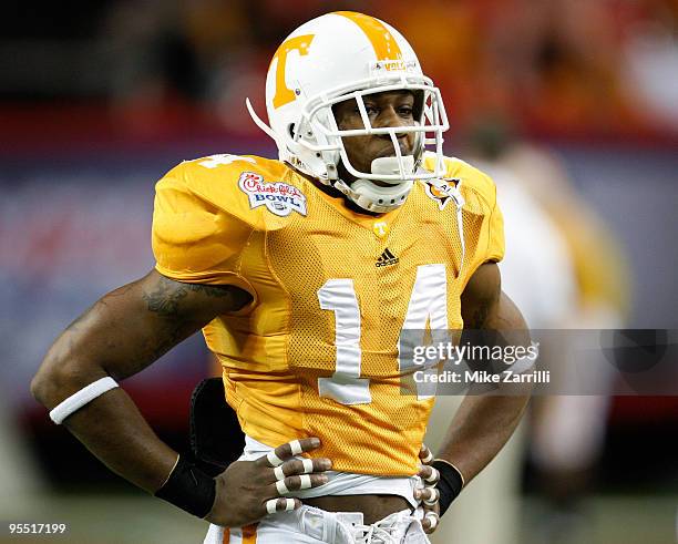 Safety Eric Berry of the Tennessee Volunteers takes a breather during the Chick-Fil-A Bowl against the Virginia Tech Hokies at the Georgia Dome on...