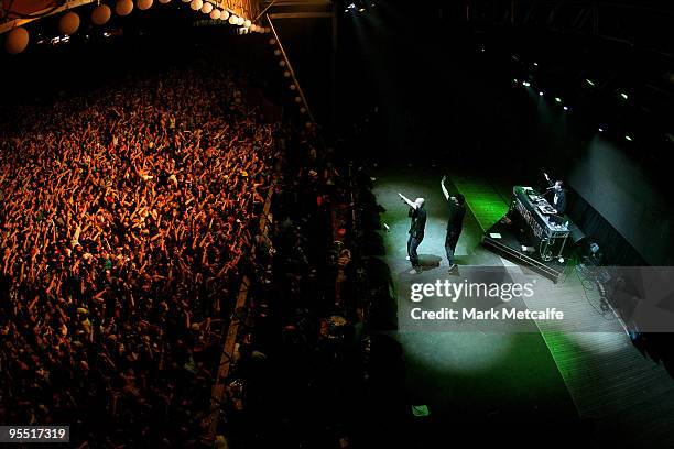 Pressure and Suffa of Hilltop Hoods bring in the New Year on day three of The Falls Festival 2009 held in Otway rainforest on December 31, 2009 in...