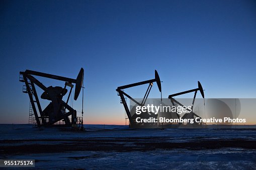 The silhouettes of pumpjacks are seen above oil wells in the Bakken Formation The silhouettes of pumpjacks are seen above oil wells in the Bakken Formation