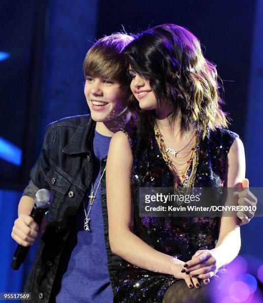 Singers Justin Bieber and Selena Gomez perform during Dick Clark's New Year's Rockin' Eve With Ryan Seacrest 2010 at Aria Resort & Casino at the City...