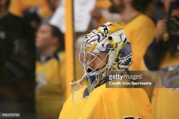 Nashville Predators goalie Juuse Saros is shown prior to Game Five of Round Two of the Stanley Cup Playoffs between the Winnipeg Jets and Nashville...