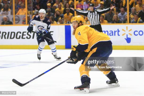 Nashville Predators defenseman Ryan Ellis is shown during Game Five of Round Two of the Stanley Cup Playoffs between the Winnipeg Jets and Nashville...