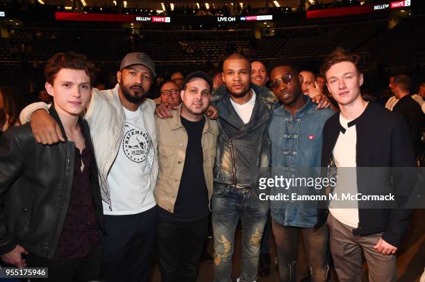 Tom Holland, Dynamo, Chris Eubank Jr. And Tinie Tempah attend the David Haye v Tony Bellew Fight at The O2 Arena on May 5, 2018 in London, England.
