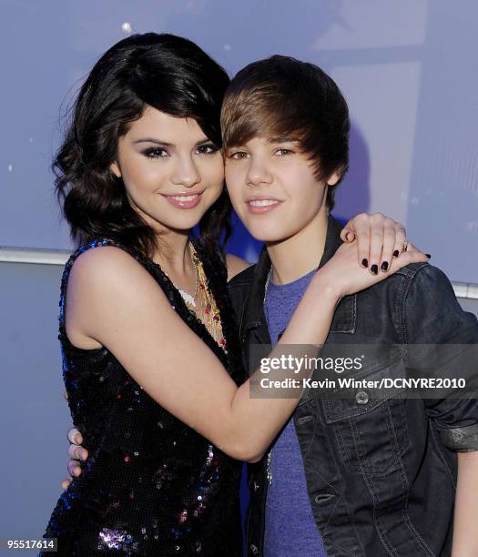 Singers Selena Gomez and Justin Bieber attend Dick Clark's New Year's Rockin' Eve With Ryan Seacrest 2010 at Aria Resort & Casino at the City Center...