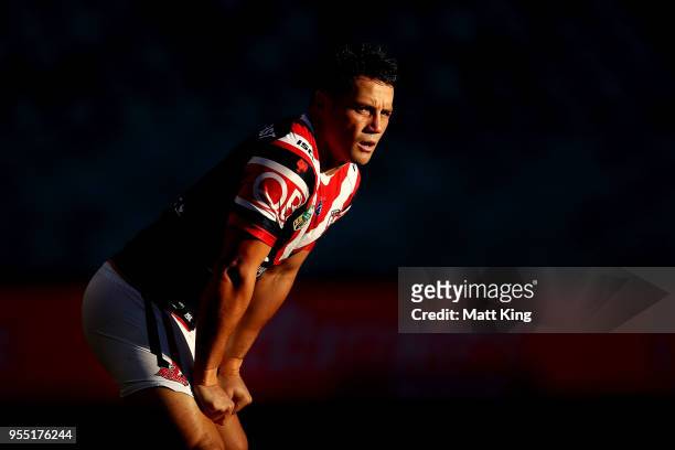 Cooper Cronk of the Roosters looks on during the round nine NRL match between the Sydney Roosters and the Manly Warringah Sea Eagles at Allianz...